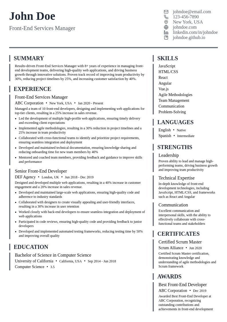 Front-End Services Manager resume example
