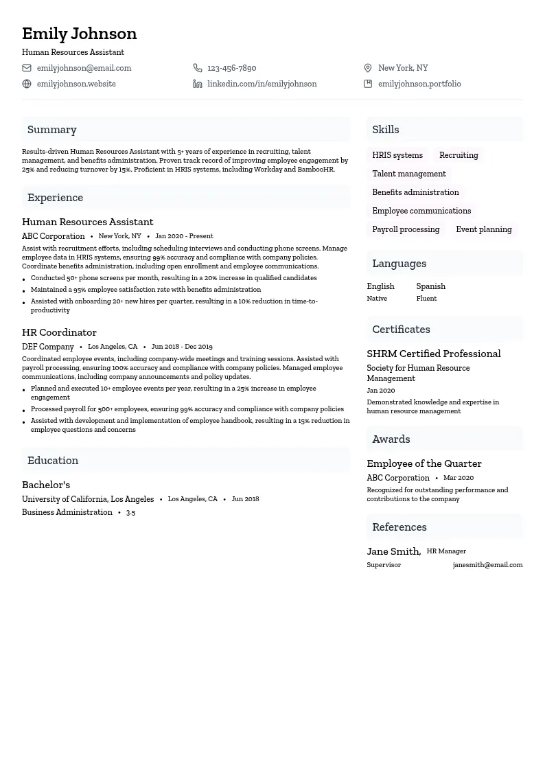 Human Resources Assistant resume example
