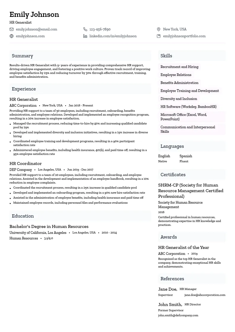 HR Generalist resume example