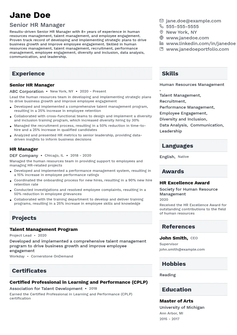 Senior HR Manager resume example