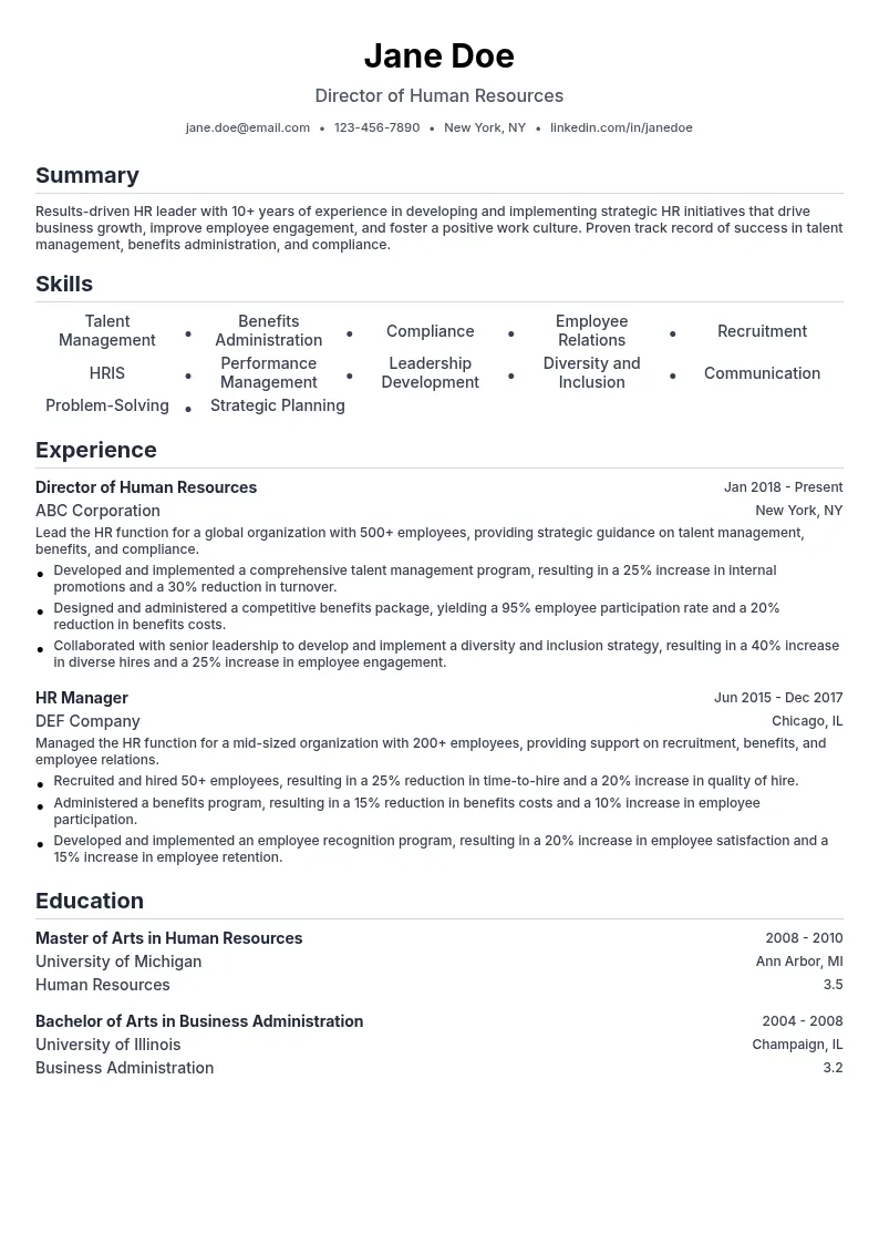 Director of Human Resources resume example