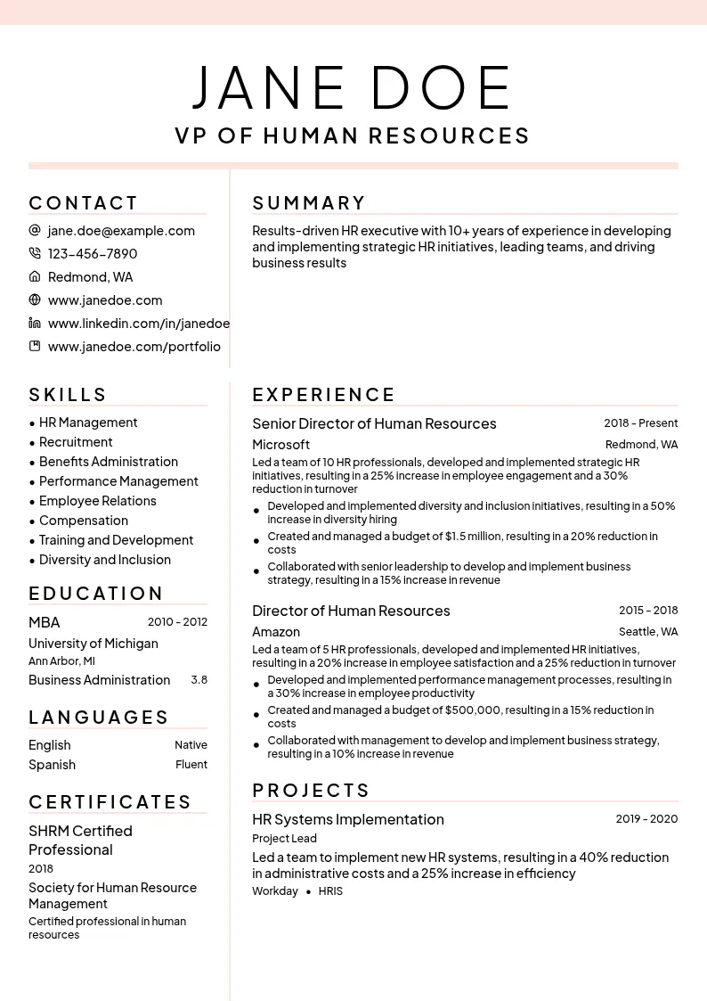 VP of Human Resources resume example