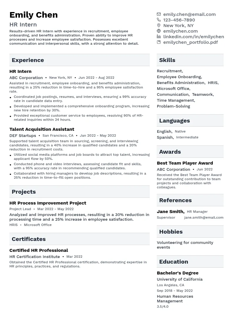 HR Intern resume example