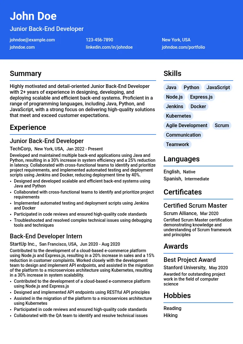 Junior Back-End Developer resume example