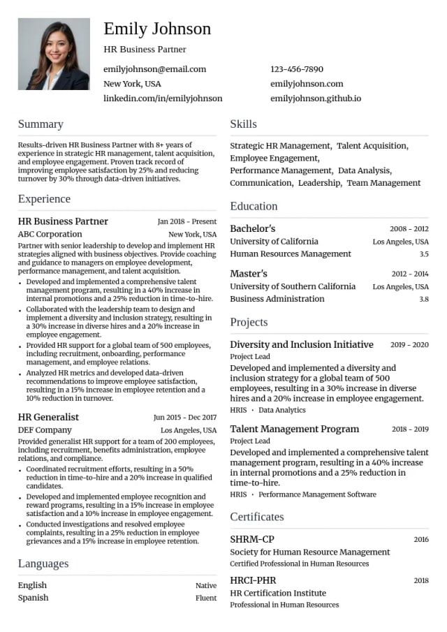 HR Business Partner resume example