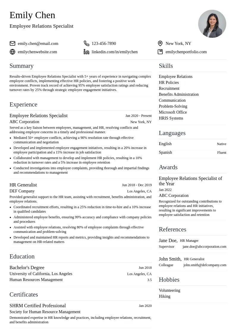 Employee Relations Specialist resume example