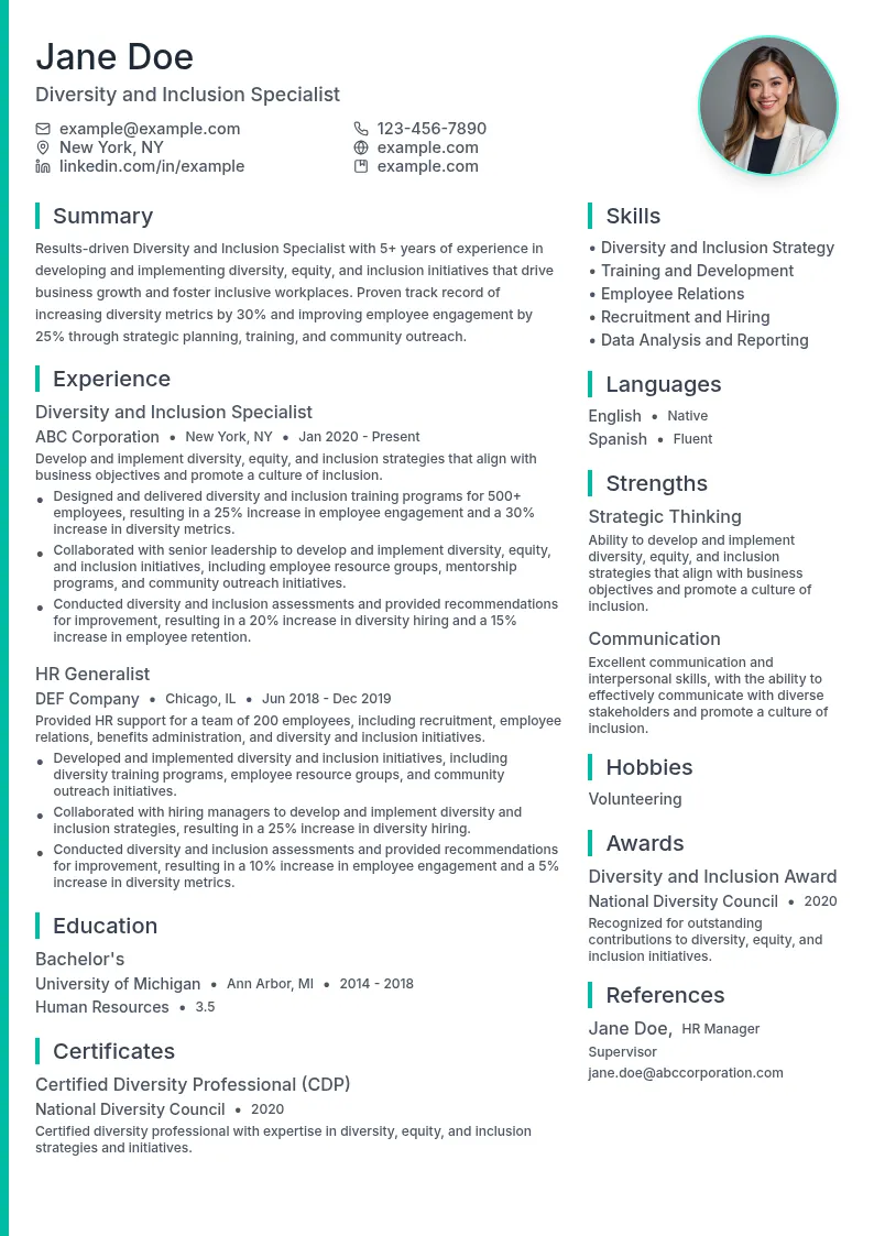 Diversity and Inclusion Specialist resume example