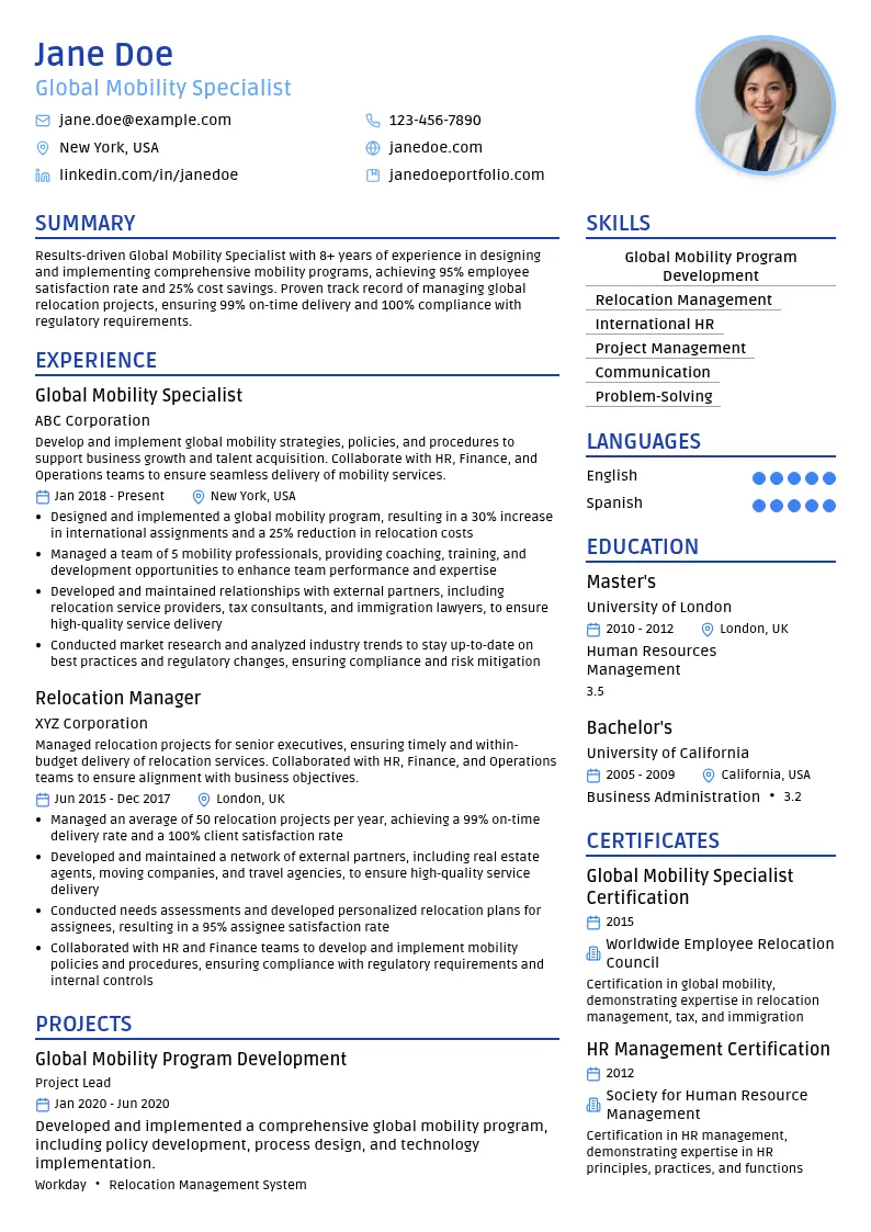 Global Mobility Specialist resume example