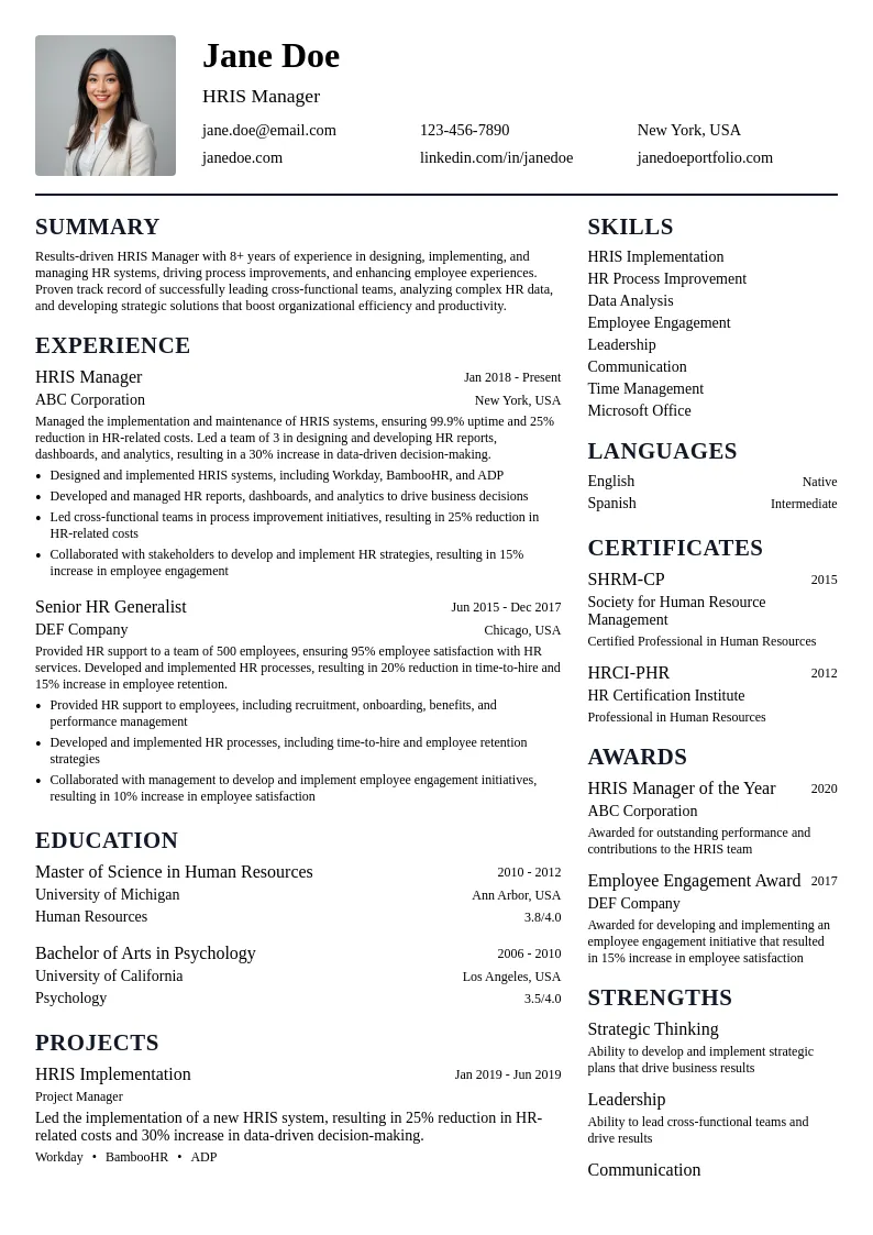 HRIS Manager resume example