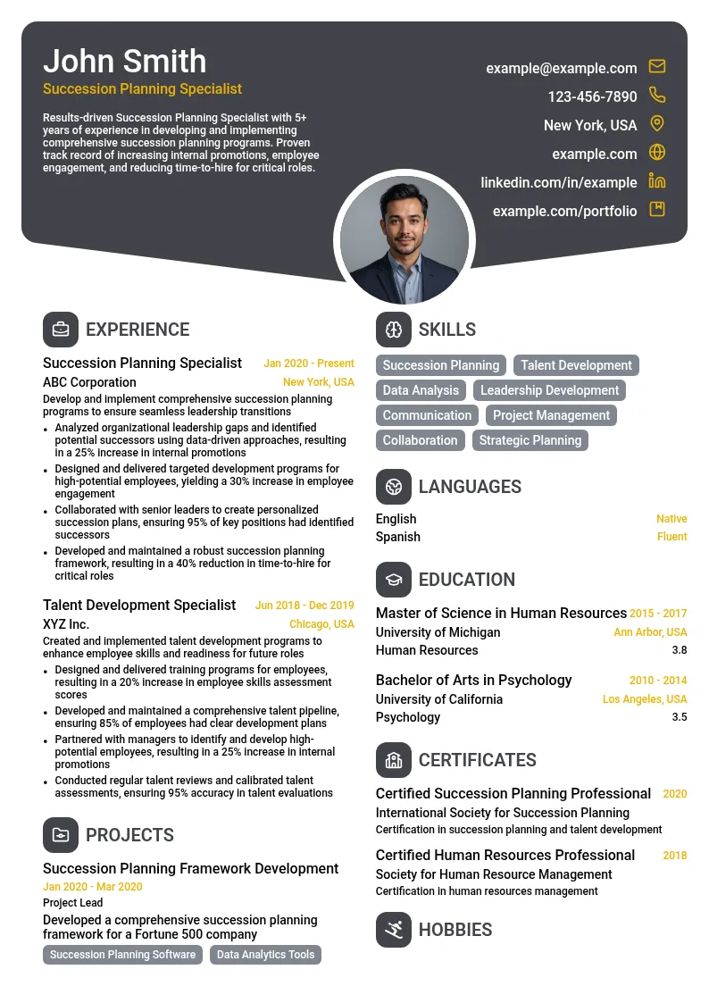 Succession Planning Specialist resume example