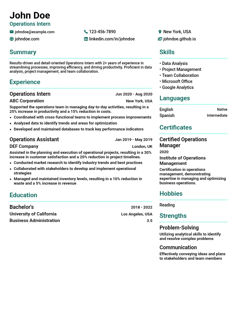 Operations Intern resume example