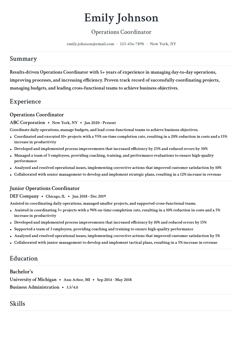 Operations Coordinator resume example