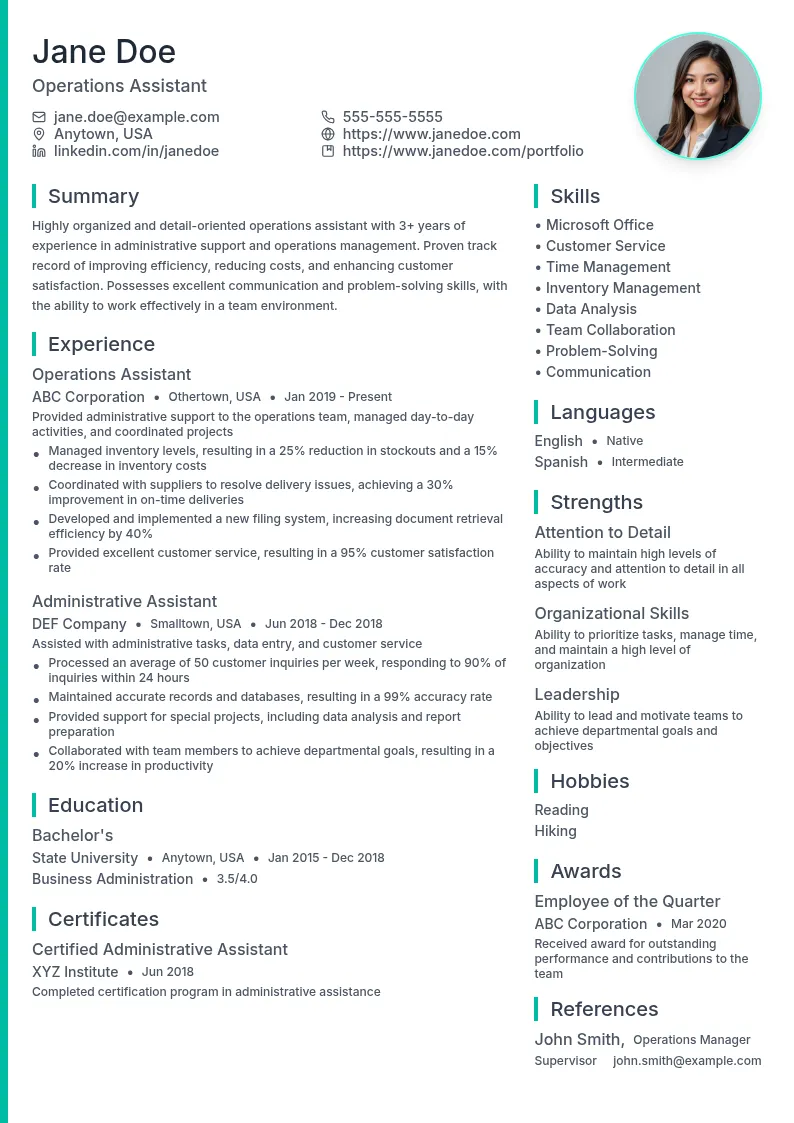 Operations Assistant resume example