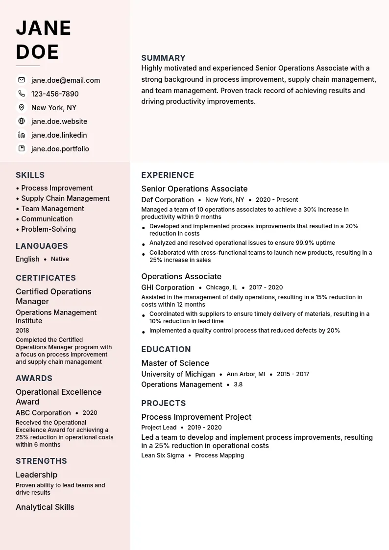Senior Operations Associate resume example