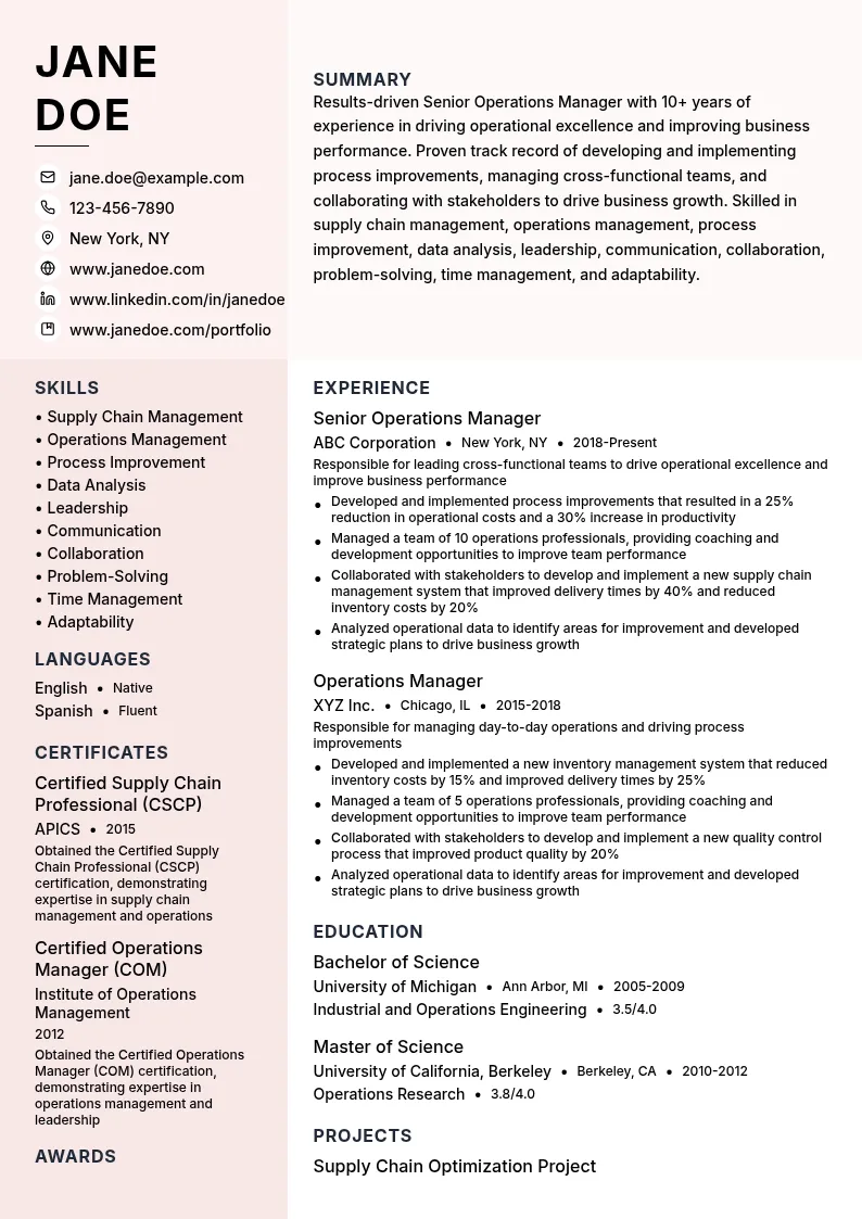 Senior Operations Manager resume example