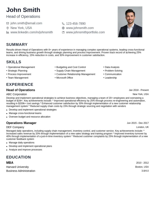 Head of Operations resume example