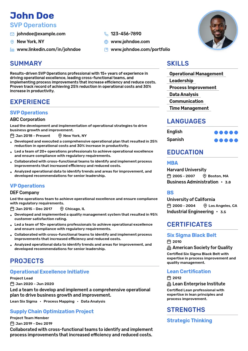 SVP Operations resume example