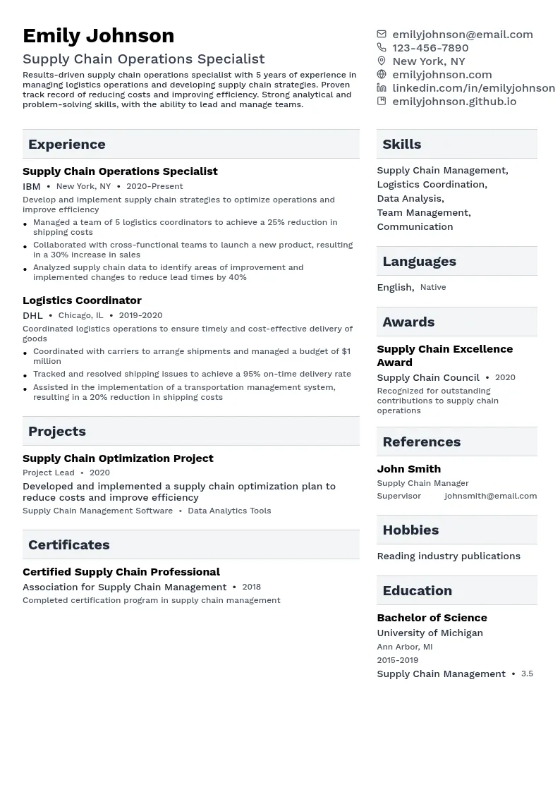 Supply Chain Operations Specialist resume example