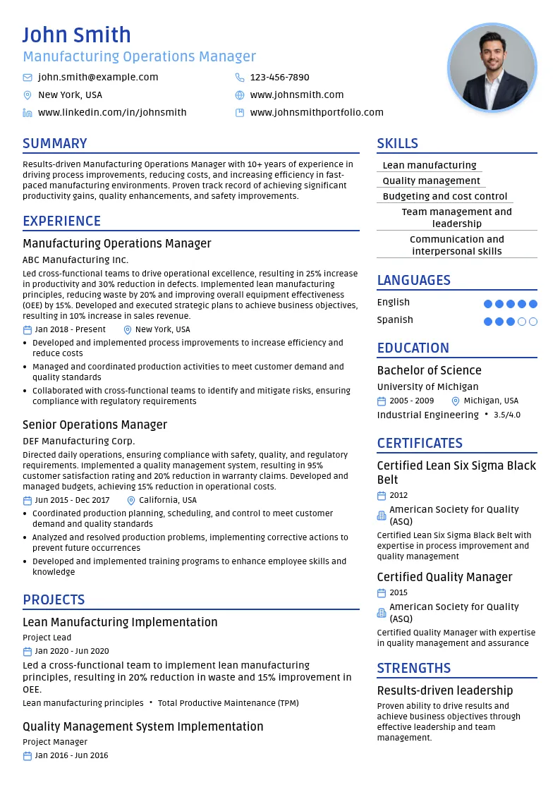 Manufacturing Operations Manager resume example