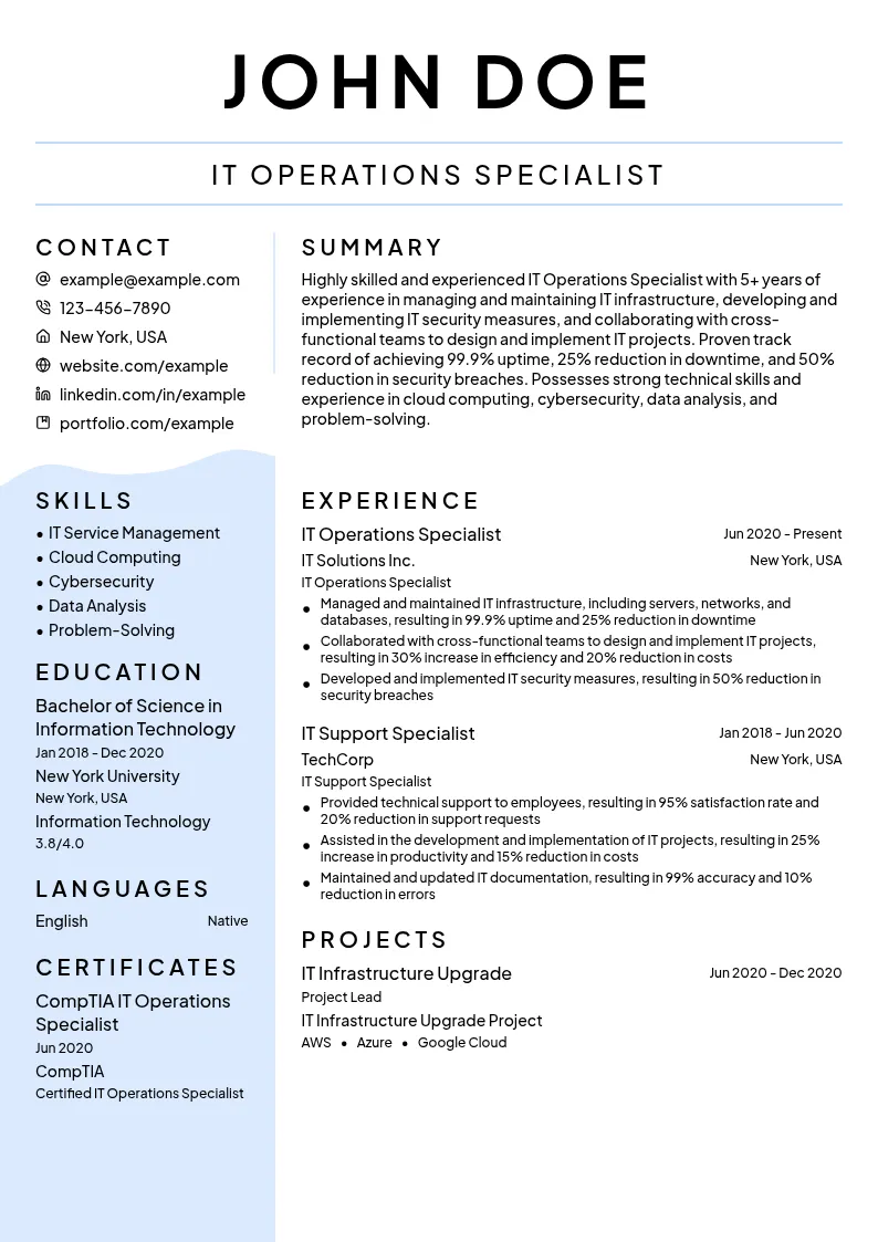  IT Operations Specialist resume example