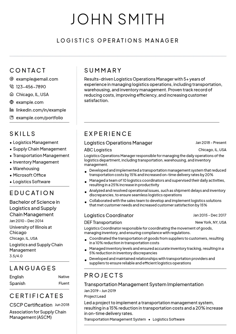Logistics Operations Manager resume example
