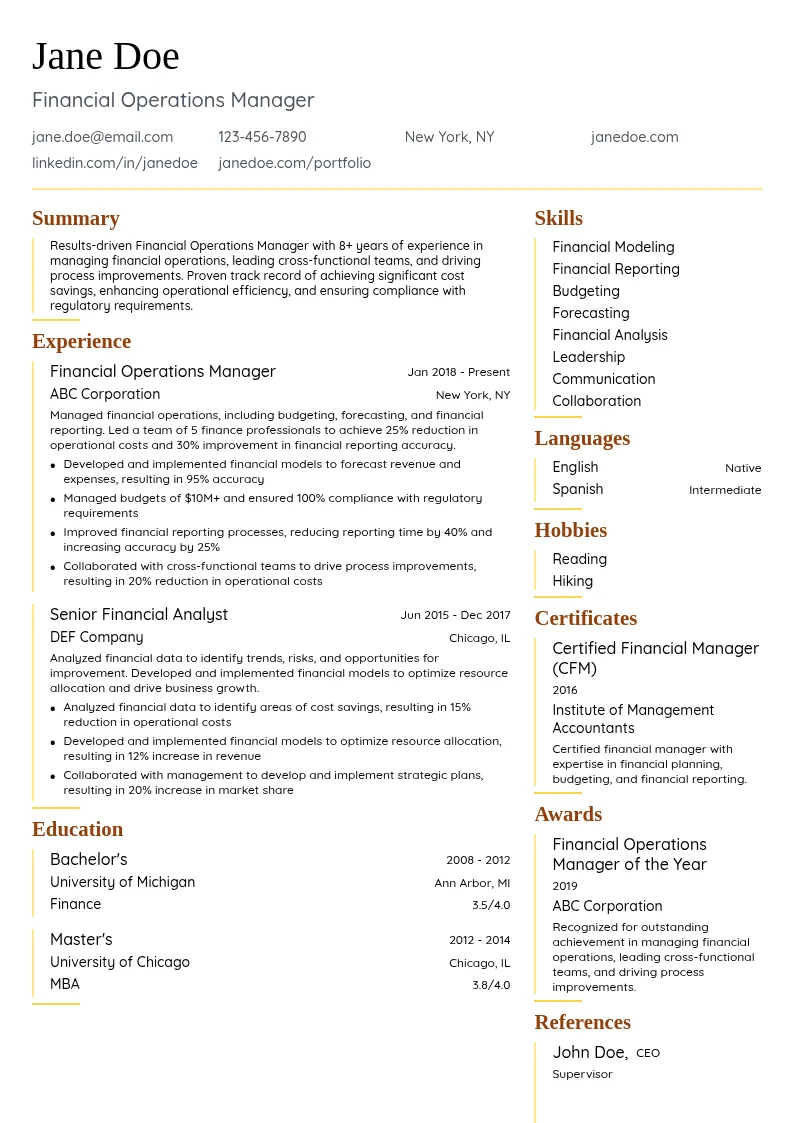 Financial Operations Manager resume example