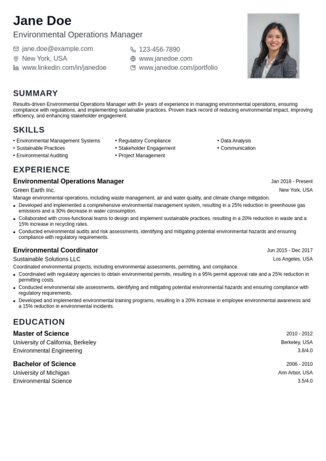 Environmental Operations Manager resume example
