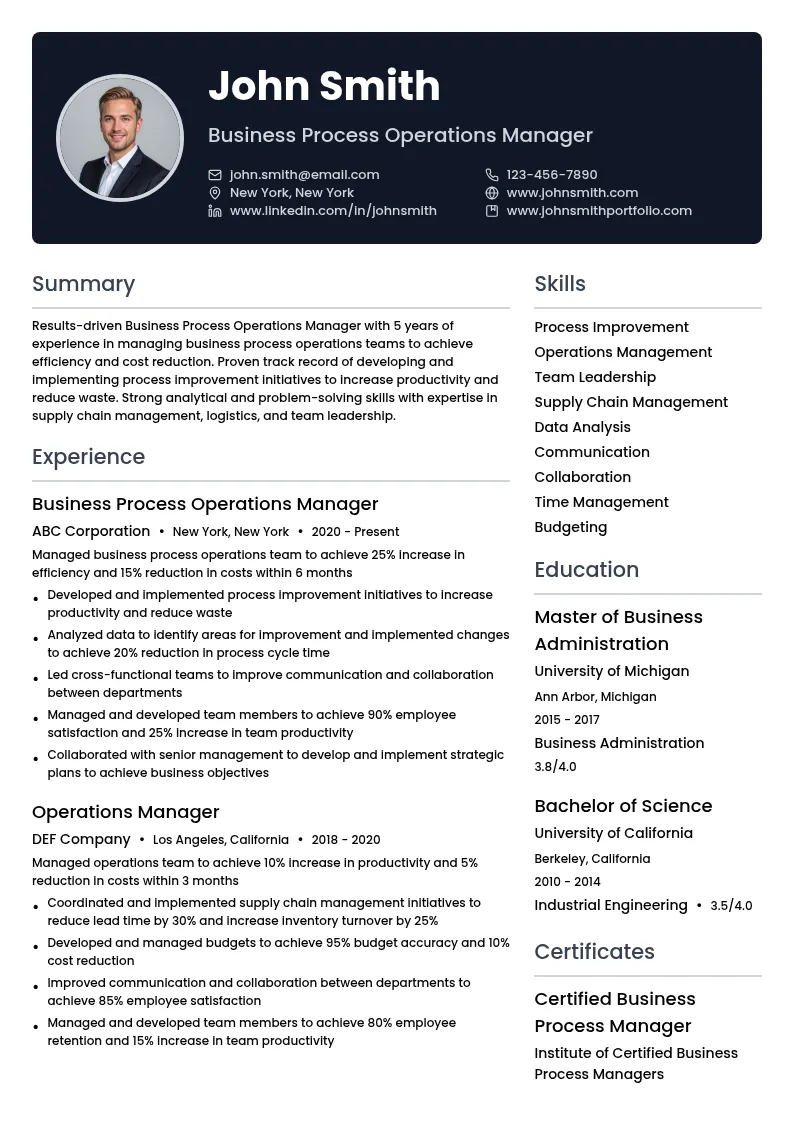 Business Process Operations Manager resume example