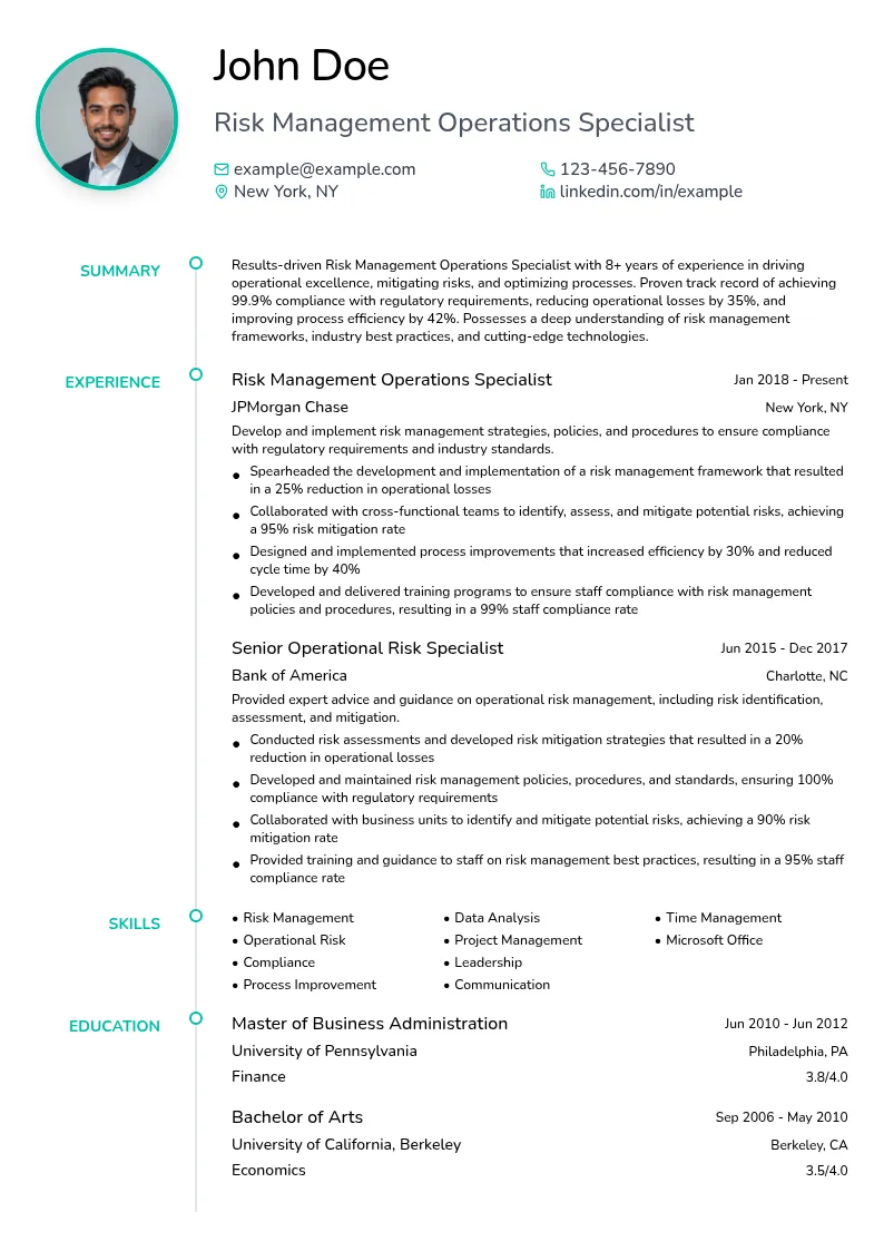 Risk Management Operations Specialist resume example