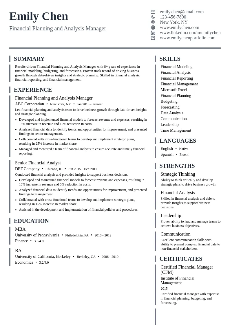 Financial Planning and Analysis Manager resume example