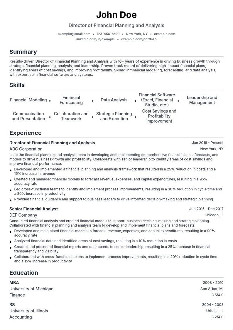 Director of Financial Planning and Analysis resume example