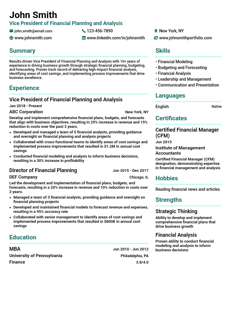 Vice President of Financial Planning and Analysis resume example