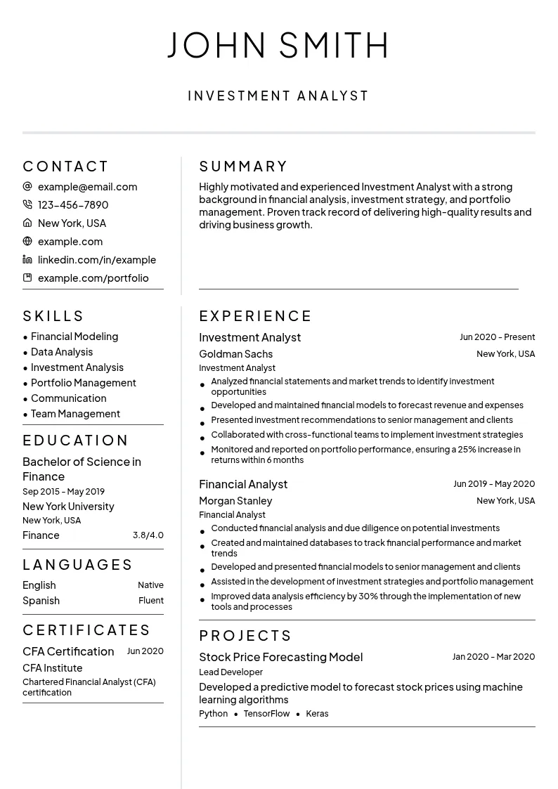 Investment Analyst resume example