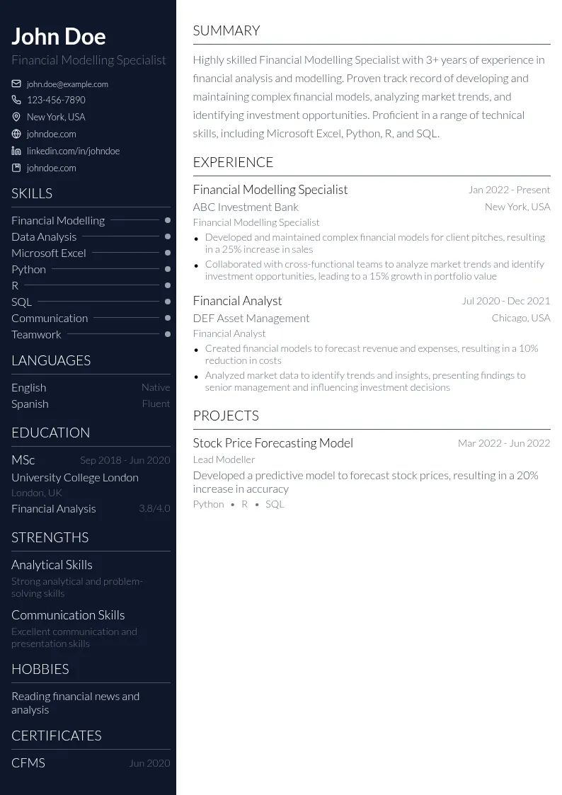 Financial Modelling Specialist resume example