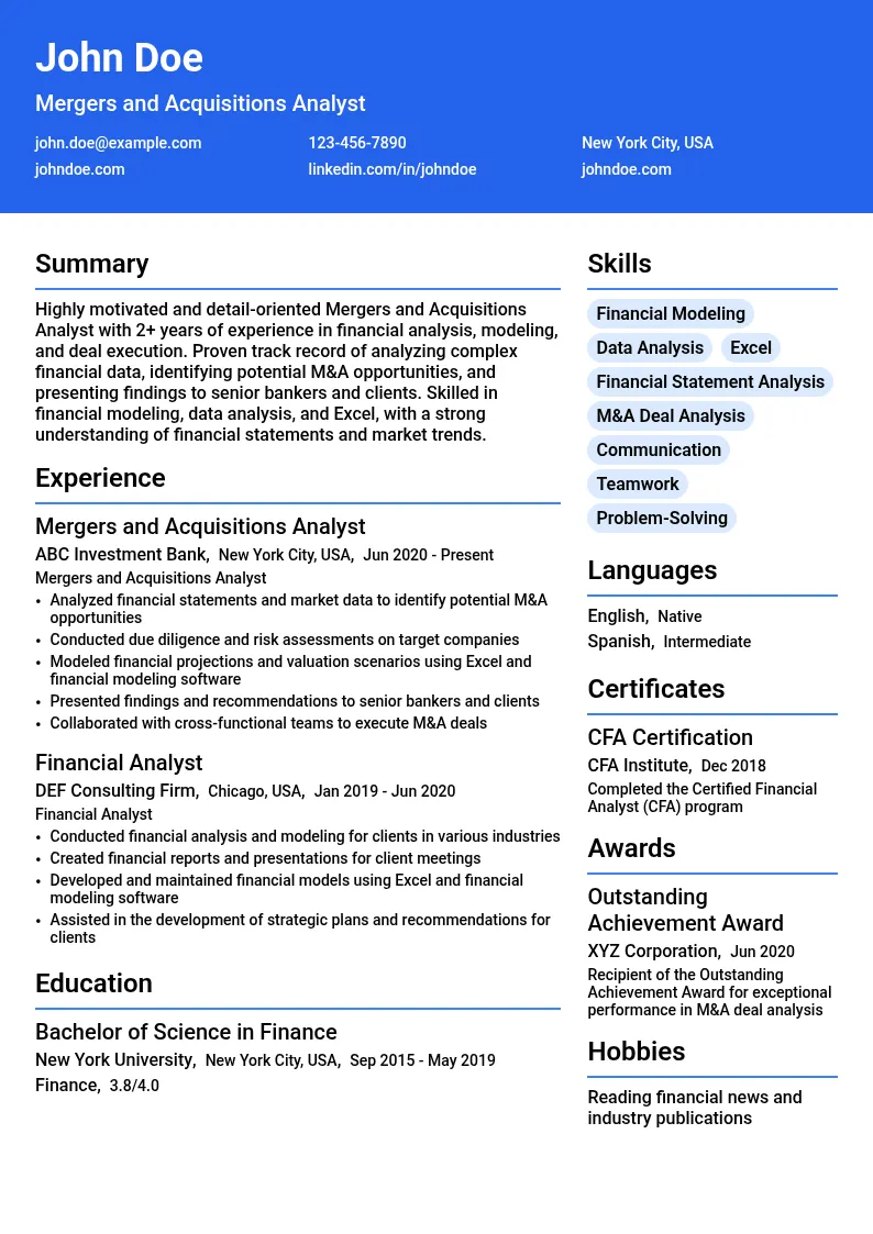 Mergers and Acquisitions Analyst resume example