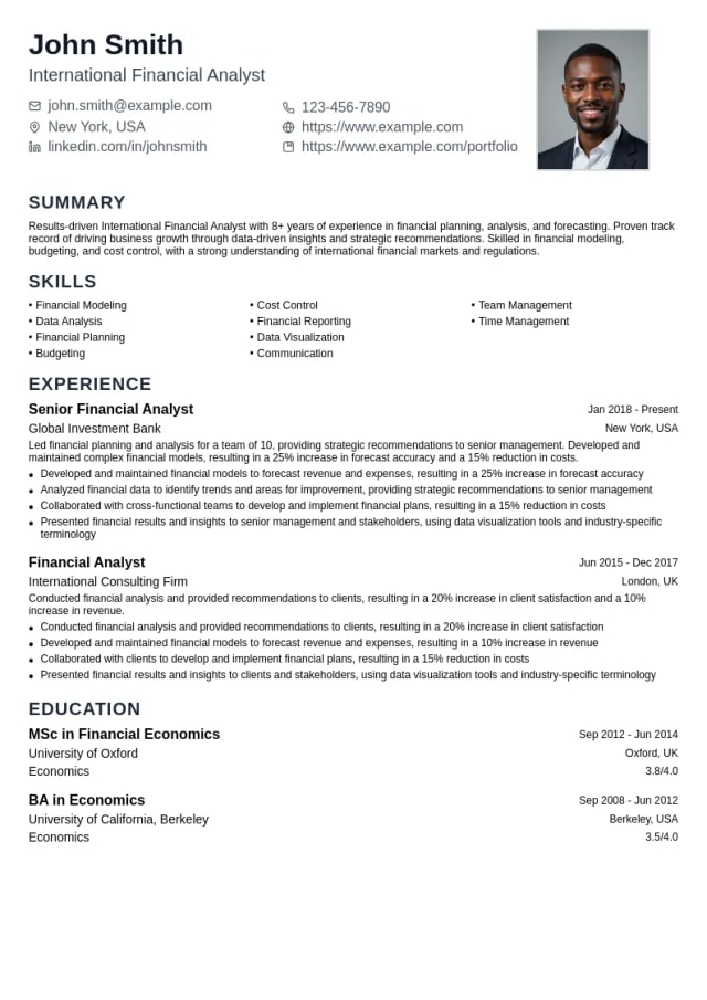 International Financial Analyst resume example