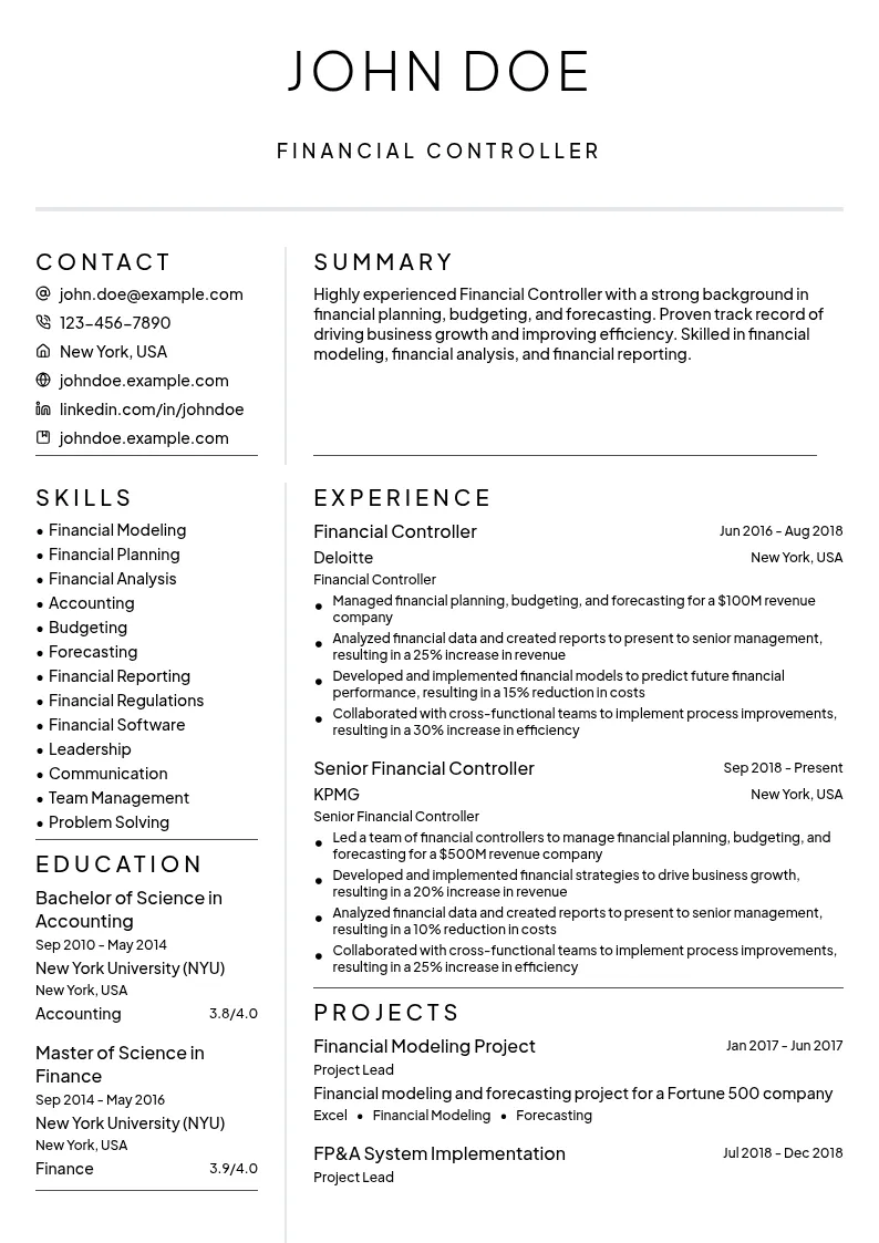 Financial Controller resume example