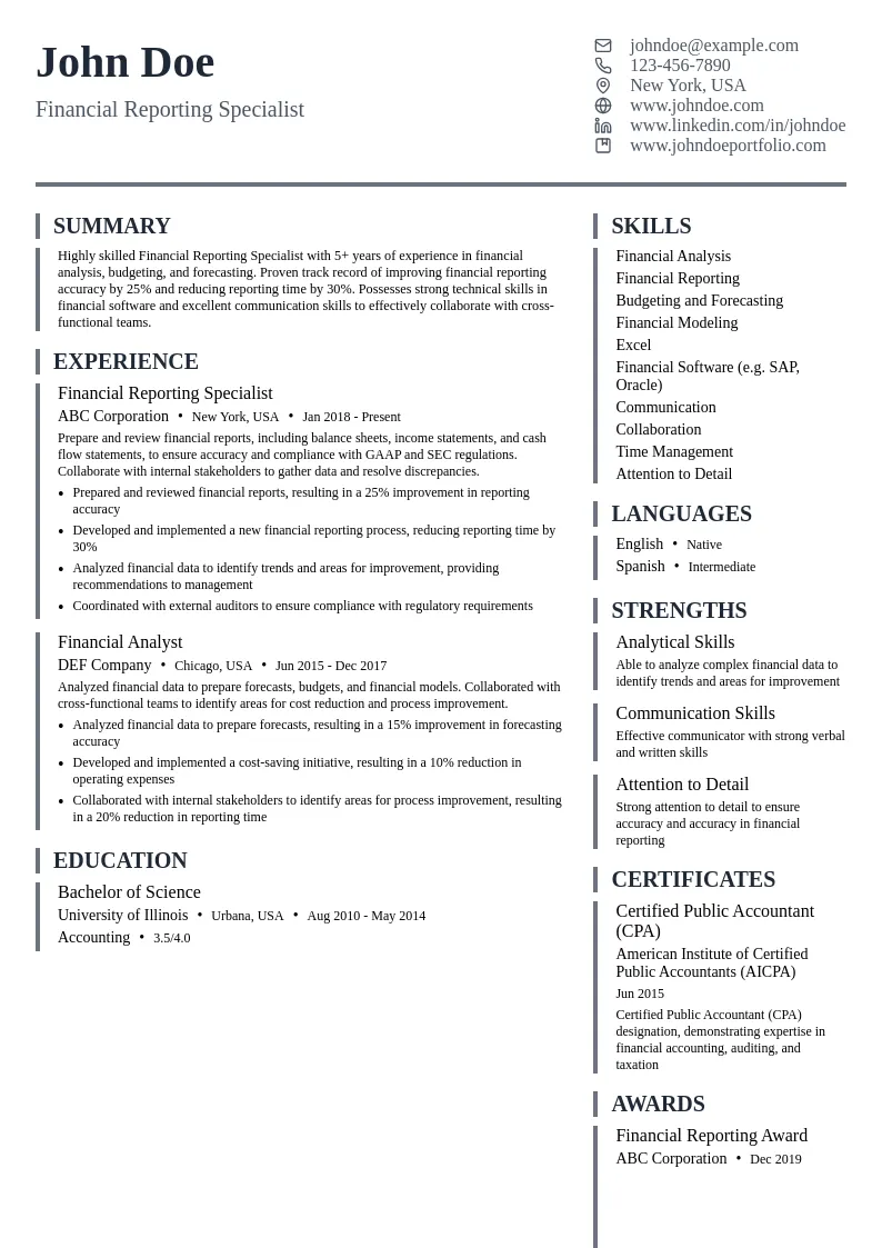 Financial Reporting Specialist resume example