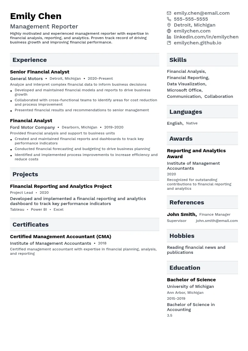 Management Reporter resume example