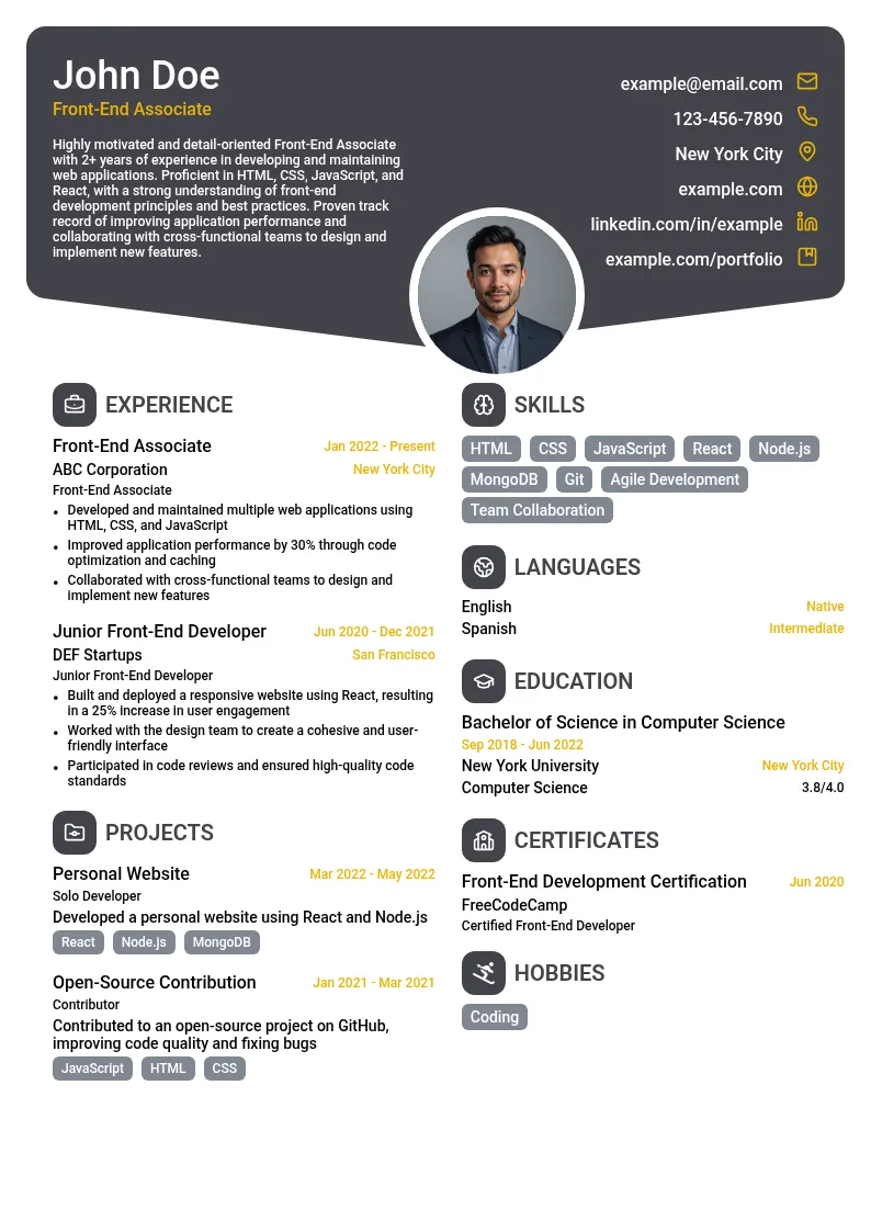 Front-End Associate resume example