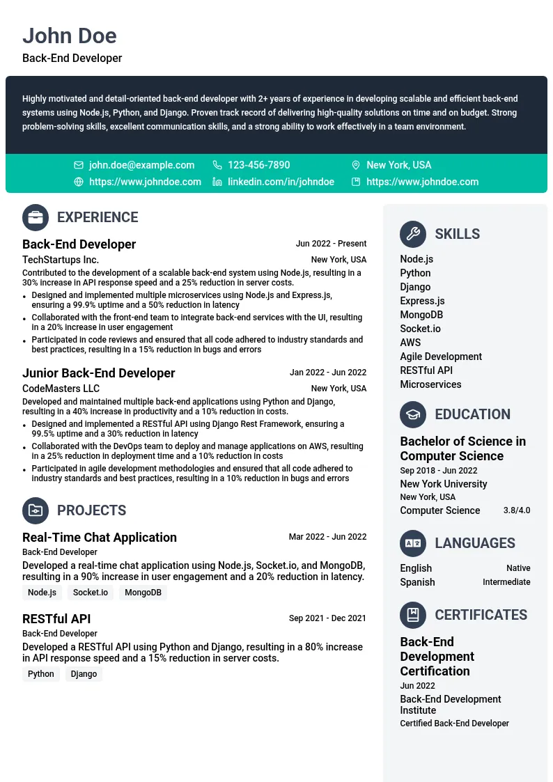 Entry-Level Back-End Dev resume example