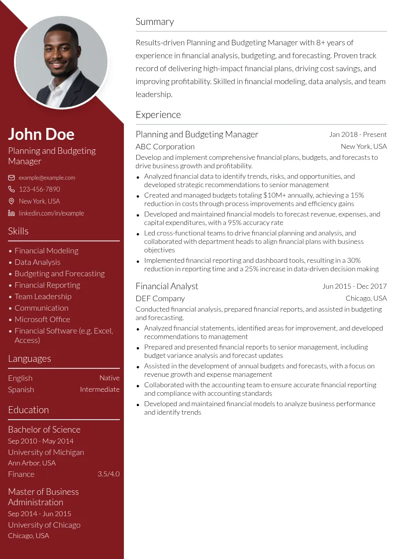 Planning and Budgeting Manager resume example