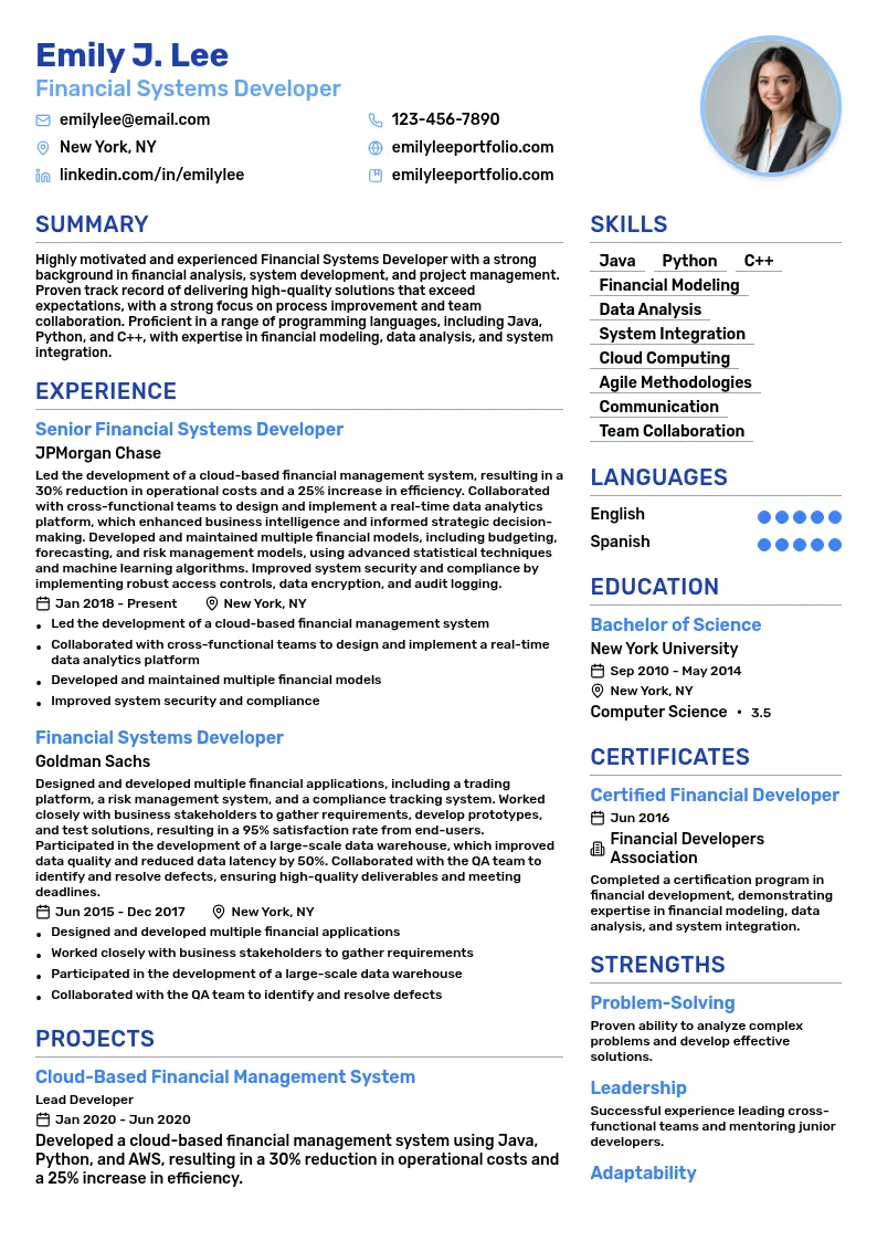 Financial Systems Developer resume example