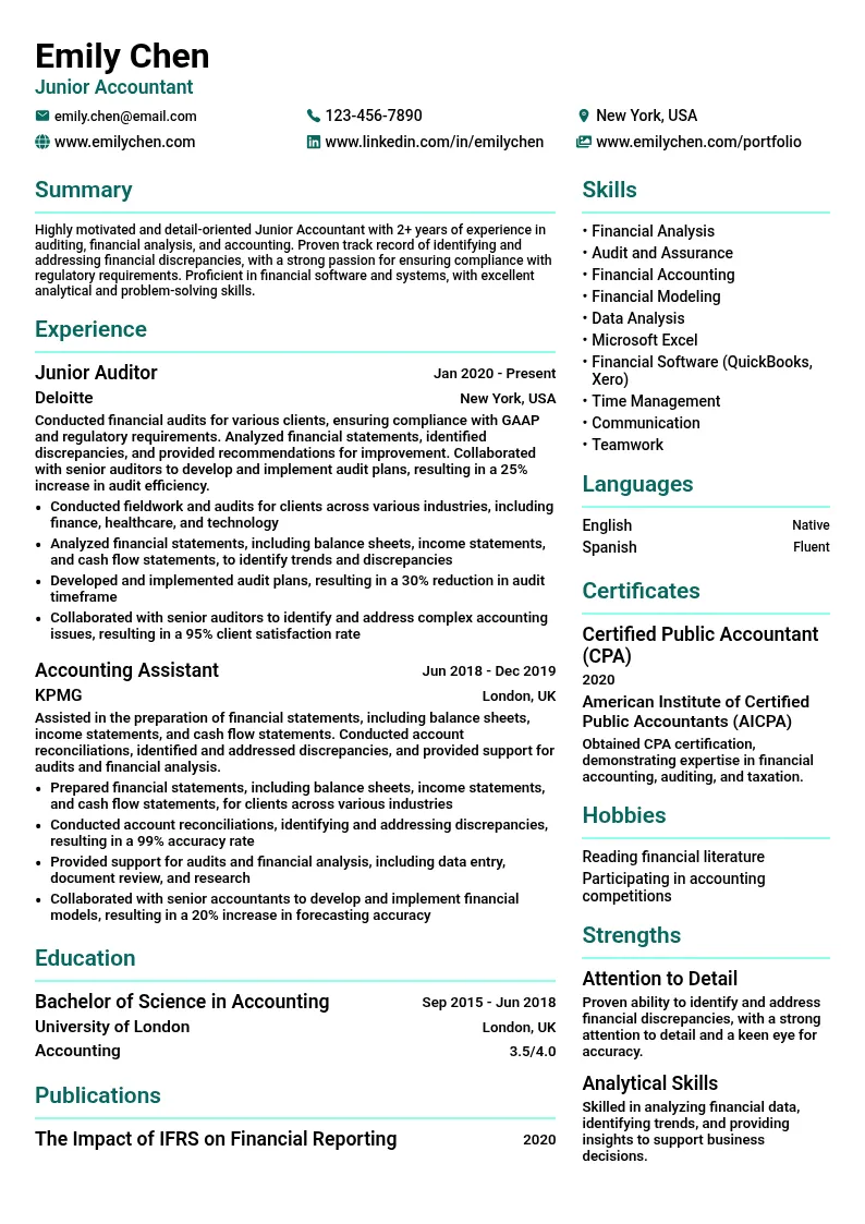Junior Accountant Specializing in Auditing resume example