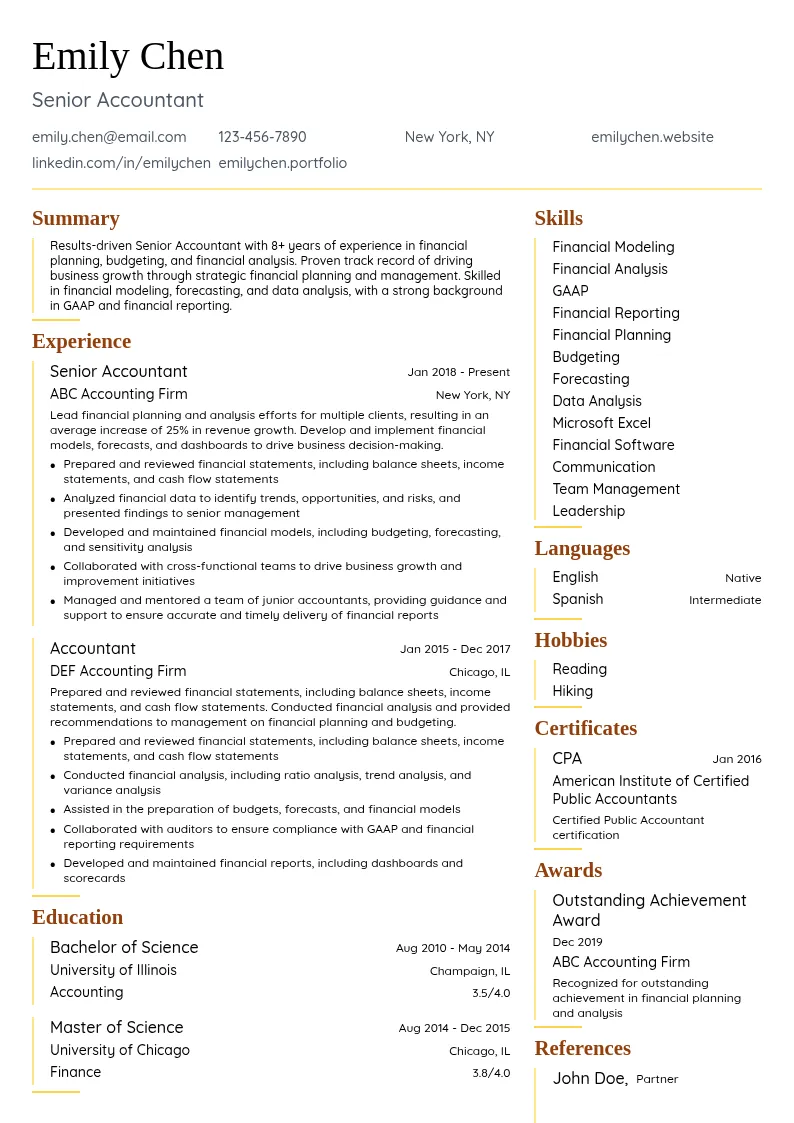 Senior Accountant with Financial Planning Experience resume example