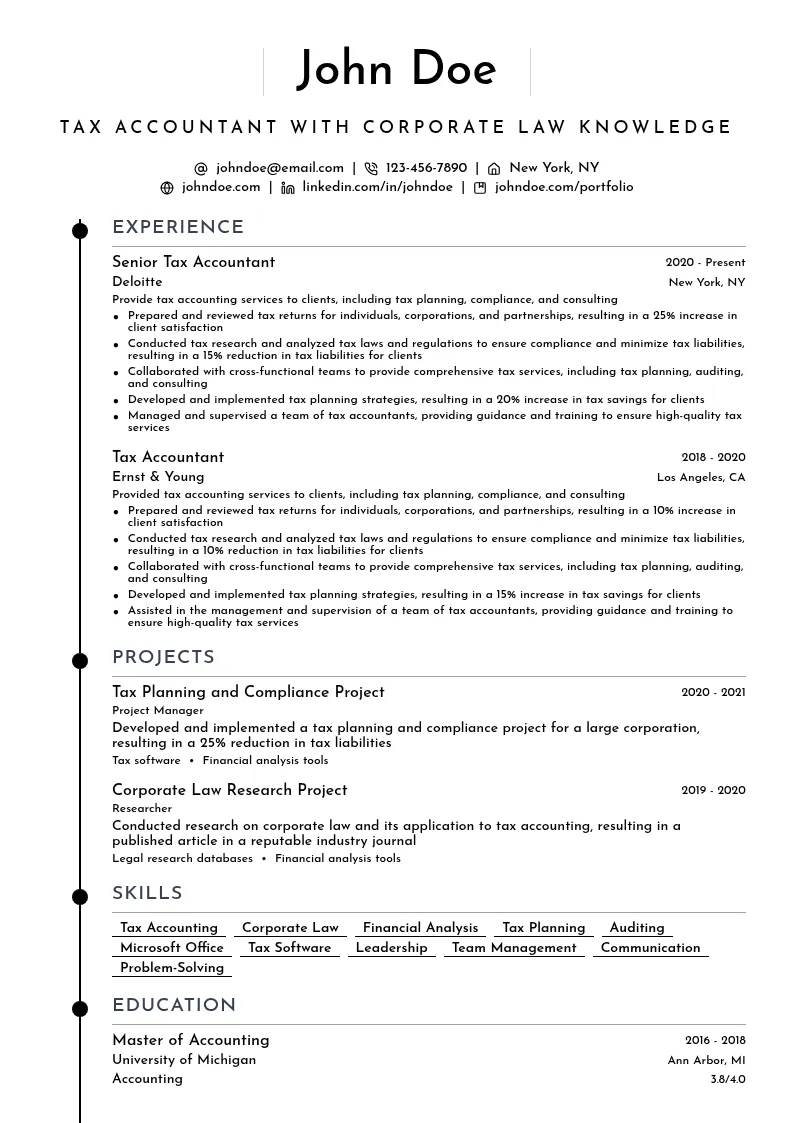 Tax Accountant with Corporate Law Knowledge resume example