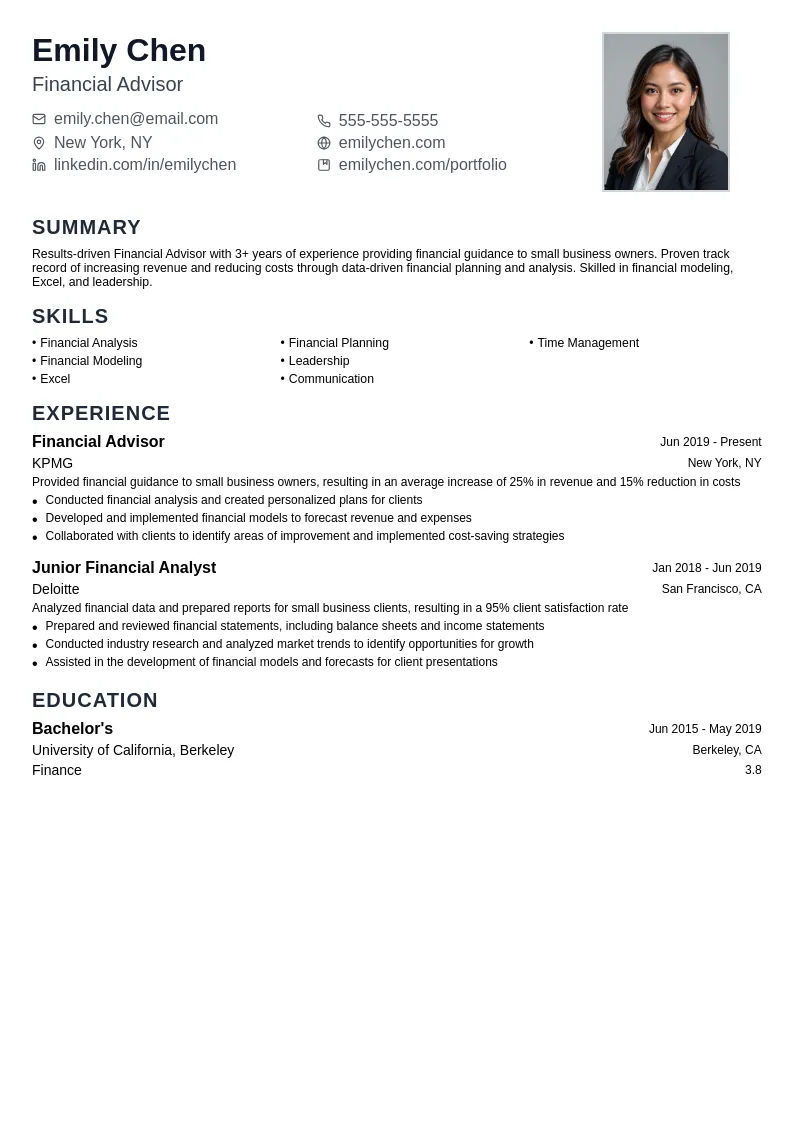 Financial Advisor helping Small Business Owners resume example
