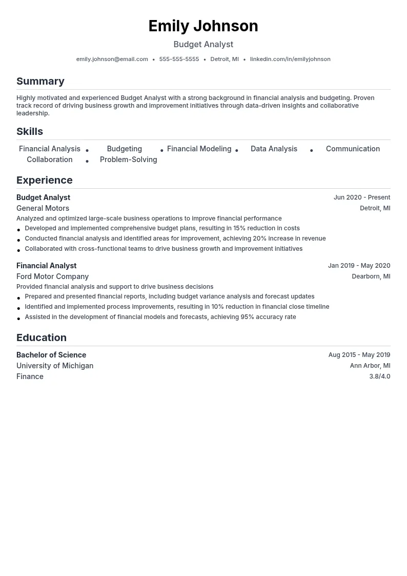 Budget Analyst optimizing Large Scale Business Operations resume example