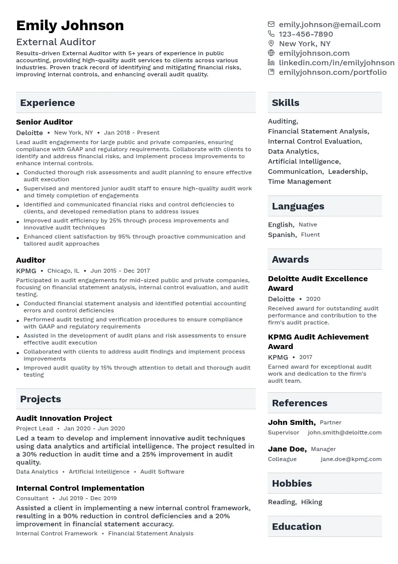 External Auditor with Public Accounting Firm resume example