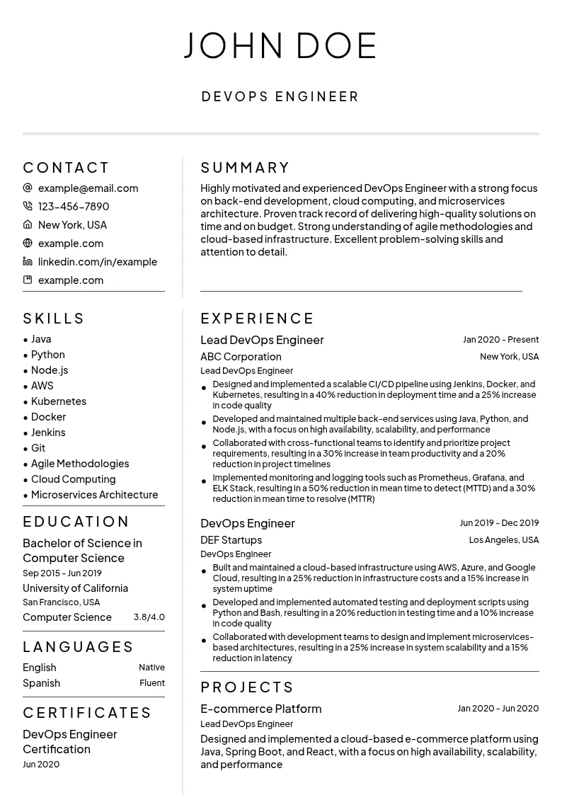 DevOps Engineer (Back-End Focus) resume example